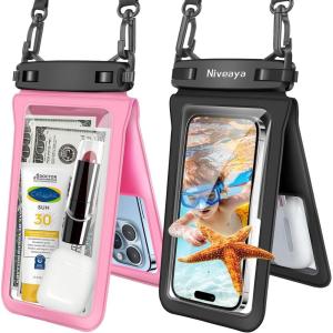 imageNiveaya Double Space Waterproof Phone Pouch  2 Pack Waterproof Phone Lanyard Case with iPhone 1615141312 Pro Max up to 83quot Phone Dry Bags for Vacation Beach Pool Kayak Cruise Travel EssentialsBlack  Pink