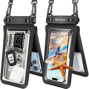 imageNiveaya Double Space Waterproof Phone Pouch  2 Pack Waterproof Phone Lanyard Case with iPhone 1615141312 Pro Max up to 83quot Phone Dry Bags for Vacation Beach Pool Kayak Cruise Travel EssentialsBlack Black