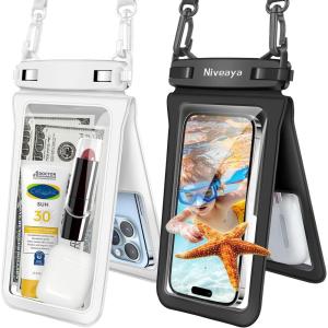 imageNiveaya Double Space Waterproof Phone Pouch  2 Pack Waterproof Phone Lanyard Case with iPhone 1615141312 Pro Max up to 83quot Phone Dry Bags for Vacation Beach Pool Kayak Cruise Travel EssentialsBlack  White