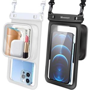 imageNiveaya Floatable Floating Waterproof Phone Pouch 2 PackUp to 85quot Large Space Adjustable Neck Lanyard Waterproof Phone Case Phone Dry Bags for Vacation Beach Pool Kayak Cruise Travel EssentialsBlack  White