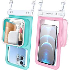 imageNiveaya Floatable Floating Waterproof Phone Pouch 2 PackUp to 85quot Large Space Adjustable Neck Lanyard Waterproof Phone Case Phone Dry Bags for Vacation Beach Pool Kayak Cruise Travel EssentialsGreen  Pink