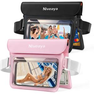 imageNiveaya Double Space Waterproof Fanny Pack IPX8 Waterproof Pouch Dry Belt Bag for Beach Kayaking Swimming Touchscreen amp PhotographyBoat Travel Essentials for Women Men2 PackBlackPink