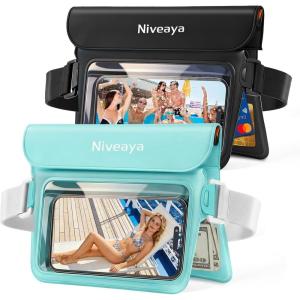 imageNiveaya Double Space Waterproof Fanny Pack IPX8 Waterproof Pouch Dry Belt Bag for Beach Kayaking Swimming Touchscreen amp PhotographyBoat Travel Essentials for Women Men2 PackBlackGreen